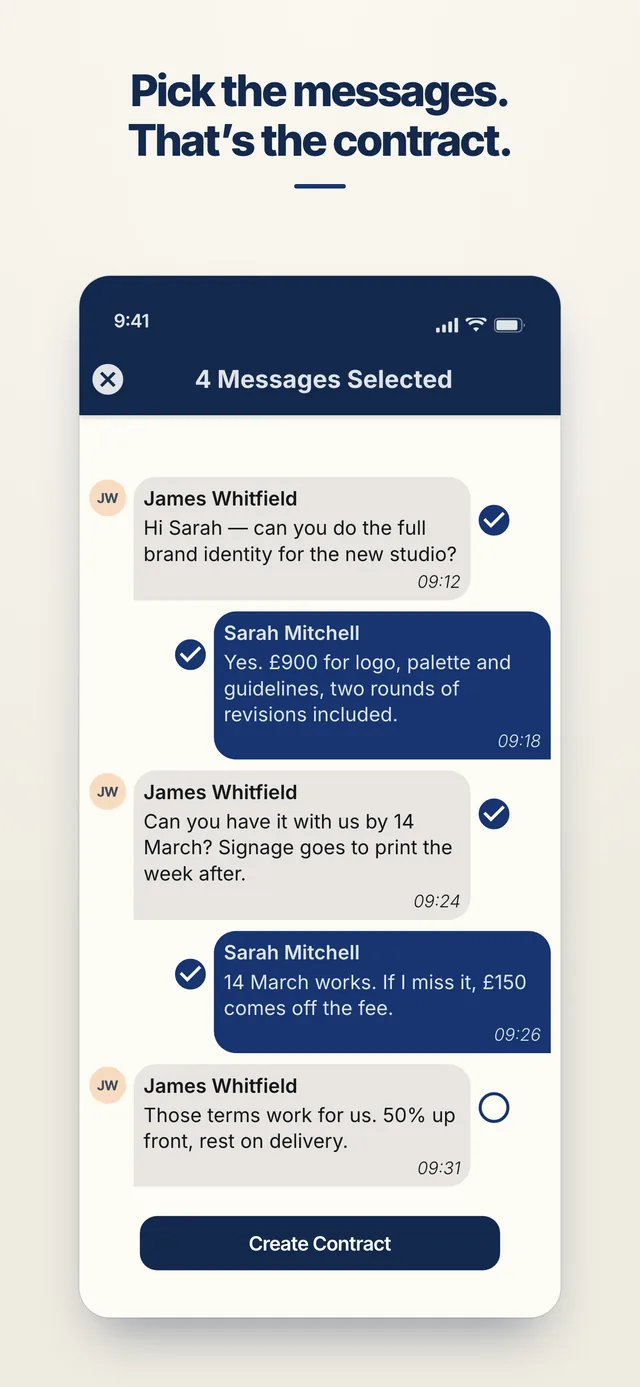 AgreeVia chat with four messages selected and a Create Contract button, turning the conversation into an agreement