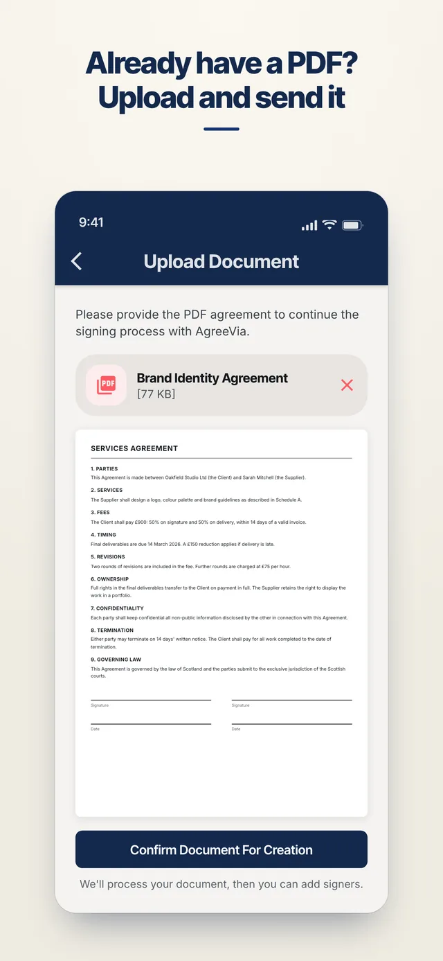 AgreeVia screen for uploading an existing PDF contract to send for signature